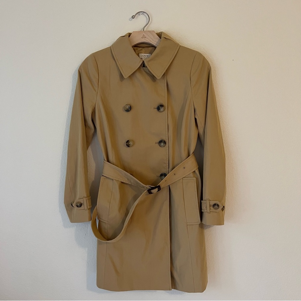J. Crew light khaki trench coat.